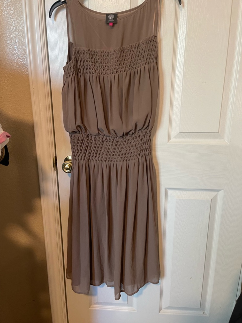 Vince Camuto Taupe Sleeveless Smocked Midi Dress